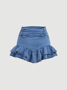 SHEIN MOD 女士纯色简约牛仔荷叶边下摆半身裙 - 淺色水洗藍 - 查看 2