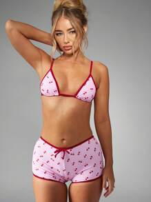 MISSGUIDED 樱桃图案两件套泳衣三角形上衣平角裤夏季海滩泳池泳衣可调节肩带复古风格家居服