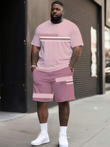 Manfinity Homme Plus Size Men's Casual Striped Round Neck Short Sleeve T-Shirt And Shorts Set, Summer - Multicolor - View 3