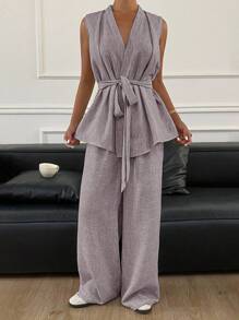 DAZY Bộ 2 món/Bộ áo ba lỗ cổ chữ V màu trơn có thắt lưng và quần ống rộng cho nữ - màu nâu - Xem 6