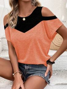 SHEIN LUNE Camiseta gráfica con hombros descubiertos y bloque de color para mujer - Naranja - Ver 1