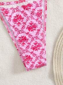 Swim Mod 2pcs Floral Lace Trim Adjustable Tie Swimsuit Top & Ruffle Trim Swimsuit Bottom Pink Bikini Set, Summer Vacation - Pink - View 4