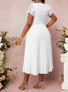 Fleurora Women Plus Size Solid Color Asymmetric Collar Short Sleeve Pleated Hem Elegant Dress Flowy Dress Cruise Outfits Women Women Formal Party Dress Women Party Dresses Women's Formal Dress Women Formal Dress White Party Dress - White - View 2