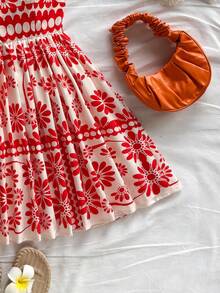 Soleia 假日女士绿色几何印花细肩带蝴蝶结腰部 A 字迷你连衣裙 - 彩色 - 查看 3