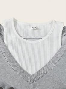 Robe grise en patchwork à manches longues et col rond pour adolescentes, automne hiver - Gris - Voir 5