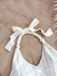 SHEIN Mono con cuello de halter de tela arrugada de punto blanca para chicas adolescentes, ajustada y adecuada para vacaciones, fiestas, Día de San Valentín, que se puede usar como ropa interior o exterior