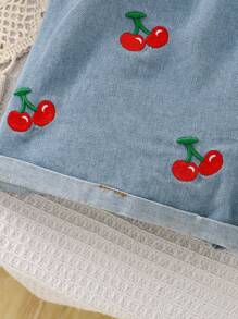 2pcs/Set Girls Fashionable Cherry Print Flounce Sleeve Top & Elastic Waist Embroidered Denim Shorts Set, Spring/Summer - Multicolor - View 6