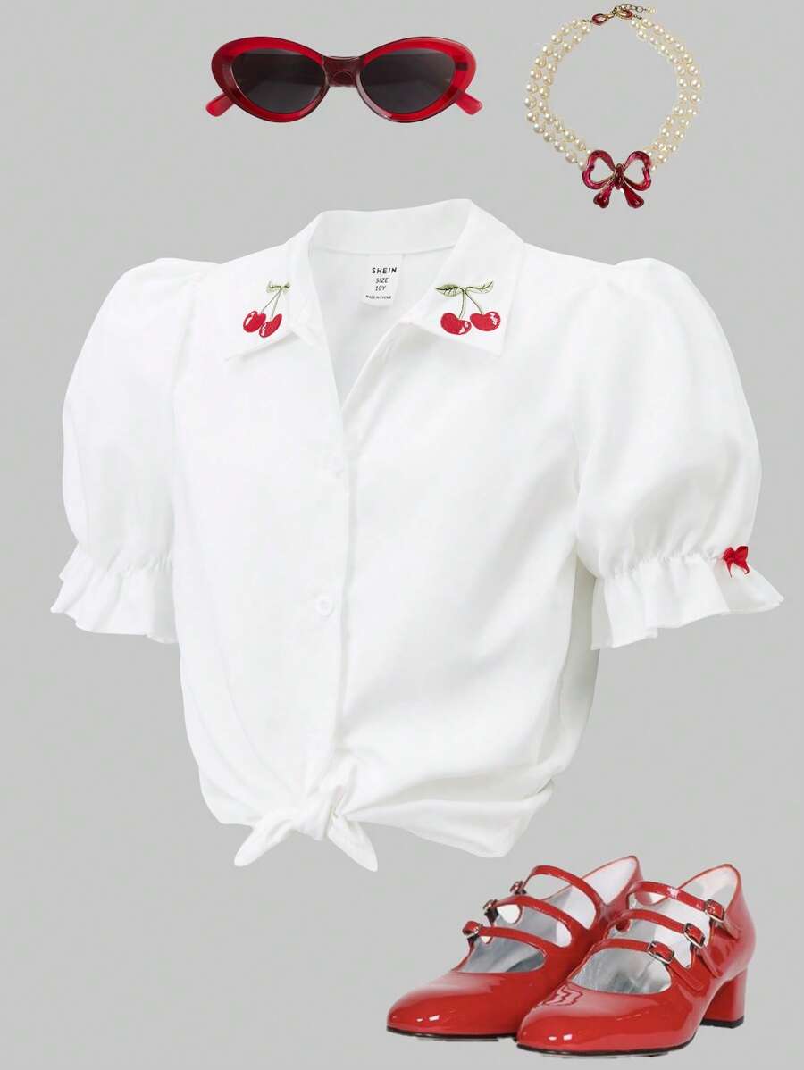 SHEIN Explorewe Camicia con colletto arricciato ricamato, maniche a sbuffo e fiocco decorativo sul davanti per ragazze pre-adolescenti - Bianco - Visualizzare 1