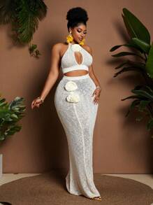 Maweii Plus Size Women's Sweater Set Halter Vest Flower + Hand Hook Flower Dress Sexy Suit Birthday Dresses For Women Vacation Outfits Woman Summer Outfits For Women Beach Outfits For Woman Maxi Skirt - White - View 5