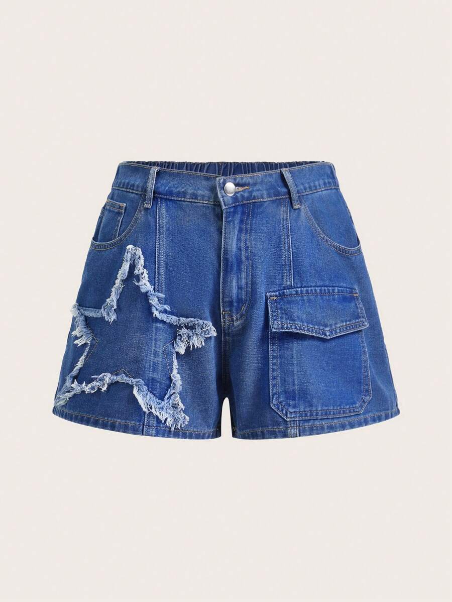 SHEIN ICON Plus Size Casual Vacation Summer Washed Blue Denim Shorts