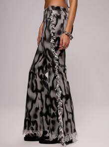 MUSERA Low Asymmetric Waist Printed Flare Trouser Spring, Summer, Holiday, Festival, Rave, Grunge, Cool Girl, Y2K Ibiza Concert  Chic - Black - View 3