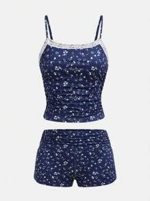 SHEIN Teen Girls Elegant Ditsy Floral Lace Trim Ruched Camisole And Ruched Shorts Soft Comfortable 2Pcs Pajama Set - Navy Blue - View 1