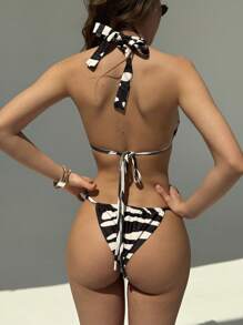 Aloruh 2pcs Women Sexy Zebra Striped Bikini Swimsuit For Beach & Holiday - Black - View 2