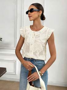 SHEIN Frenchy Blusa de moda con cuello redondo, abotonada, de manga corta y jacquard, para verano
