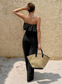 Serisse Women Solid Color Waist Band Strapless Layered Jumpsuit, Sleeveless Black Summer Casual - Black - View 2