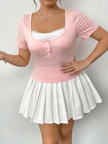 Flirla 大码女式两件套休闲红色二合一短袖上衣+白色百褶裙套装