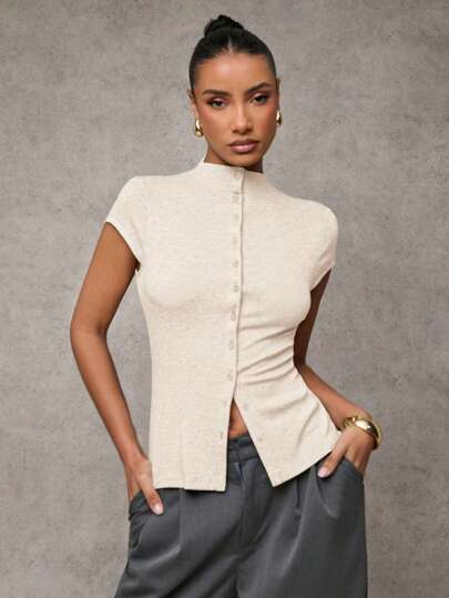 SHEIN BAE Women's Fall Women Solid Color Mock Neck Top Capped Sleeve Single-Breasted Casual Women Top, Button Up Women Jersey Top