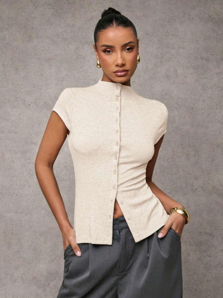 SHEIN BAE Women's Fall Women Outfits Solid Color Mock Neck Top Capped Sleeve Single-Breasted Casual Women Tops,Button Up Women Jersey Shirt, Fleece Sweater Top,Winter Clothes,
