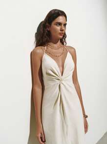 Lumivelle Women V-Neck Spaghetti Strap Twist Waist Slit Dress - Apricot - View 3