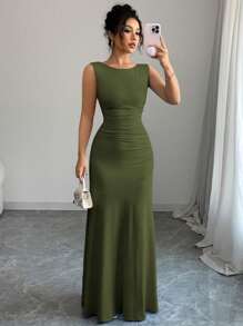 Selianne Women's Spring/Summer Elegant Long Dress, Sleeveless Round Neck A-Line Skirt, Slanted Waist Pleats, Blue Knit Fabric - Green - View 4