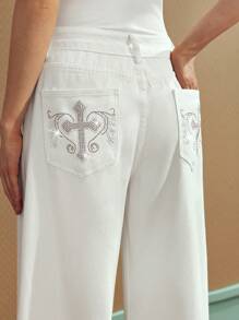 SHEIN Essnce Women's Zodiac Jeans Casual Elegant Commuting Solid Color Wide Leg Jeans - White - View 6