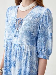 Florisole Damen Boho V-Ausschnitt Puffärmel Bindetaille locker sitzend blaues Muster Maxikleid, Frühling/Sommer - Blau - Übersicht 2