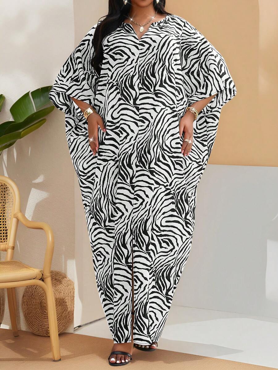 SHEIN Lady Vestido de mujer talla grande con cuello en V y manga murciélago con estampado de cebra