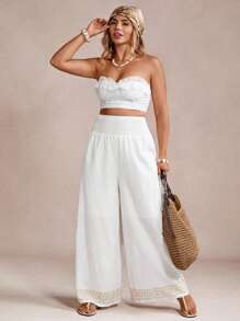 SHEIN VCAY Quần ống rộng dáng rộng phong cách cổ điển dành cho nữ cỡ lớn, họa tiết hoa, thích hợp mặc khi đi chơi, Ngày của Mẹ, đi nghỉ, tiệc tùng, trang phục phương Tây - Màu be - Xem 3