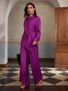 ZEYLAH Women's Belted Linen Wide Leg Pants, Summer Vacation - Purple - View 7