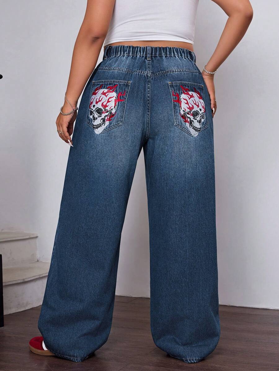 SHEIN EZwear Jeans de verano de mujer de talla grande con bolsillos traseros y diseño bordado, color azul oscuro - Azul lavado oscuro - Ver 1
