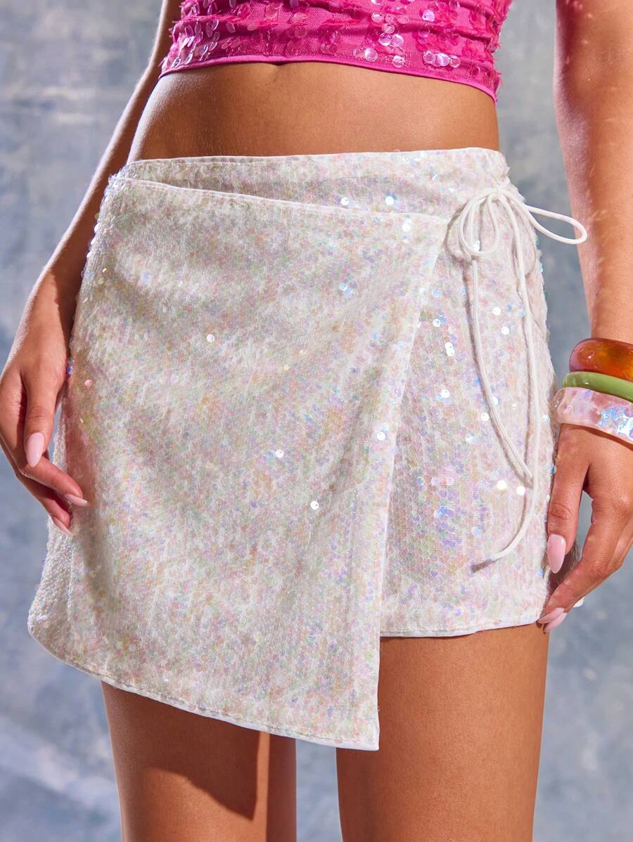 MUSERA 交叉亮片侧系带迷你裙 夏季 伊比沙岛 Y2k 酷女孩 节日 锐舞 度假 俱乐部 可爱 派对 假日 嘉年华 - 白色 - 查看 1