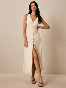 Poéselle 白色连衣裙，亚麻连衣裙，单排扣，前开衩，女士纯色单排扣开衩无袖长裙，面料舒适透气，适合日常外出、通勤、海滩度假、居家、约会等场合女士连衣裙优雅礼服女士连衣裙生日