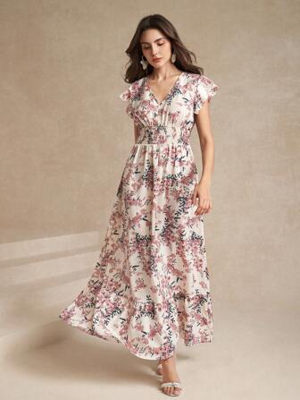 Amorya Damen Kleid mit Raffung an der Taille und Ditsy Blumenmuster, elegante Alltagskleidung/Urlaubskleidung, Frühjahr/Sommer Osterkleid, Urlaubsoutfits für Damen