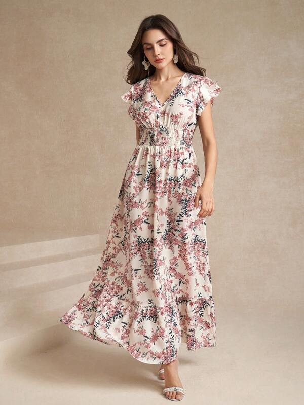 Amorya Women's Cap Sleeve Shirred Waist Ditsy Floral Dress, Elegant Everyday/Vacation Wear, Spring/Summer Easter Dress Women Vacation Outfits Women