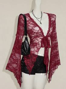SHEIN ICON Y2k Women's Western Country Concert Boho Hippie Goth Sheer Burgundy Sexy Lace Twist Front Long Sleeve Cardigan - Burgundy - View 7