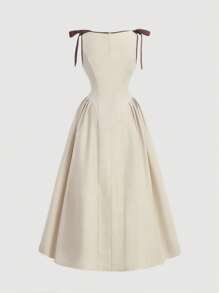 SHEIN MOD 加大码圆领无袖撞色边蝴蝶结装饰腰部喇叭下摆卡其色休闲连衣裙