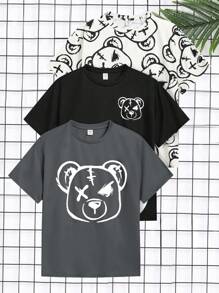 SHEIN Set de 3 camisetas de manga corta de punto holgado con estampado de oso en estilo coreano/japonés para niño preadolescente, 3 colores - Gris - Ver 1