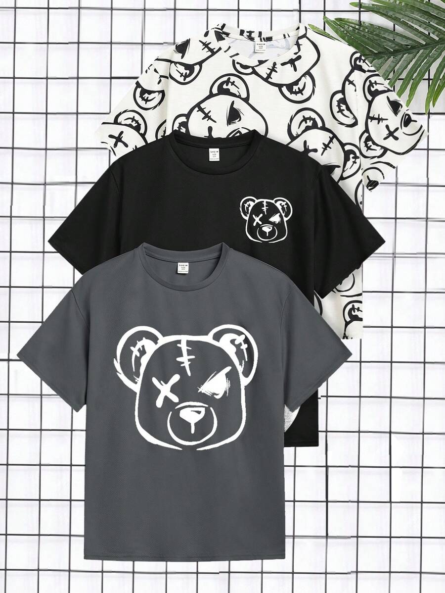 SHEIN Set de 3 camisetas de manga corta de punto holgado con estampado de oso en estilo coreano/japonés para niño preadolescente, 3 colores - Gris - Ver 1
