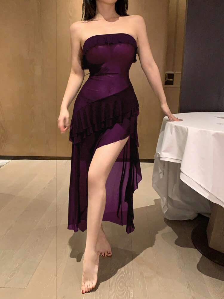 Mesh Sheer Ruffled Hem Bodycon Backless Sexy Slip Dress Pajama