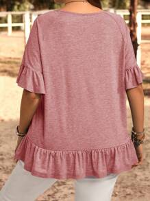 EMERY ROSE Plus Size Round Neck Short Sleeve Solid Color T-Shirt, Casual & Fashionable For Everyday Wear, Summer, Vacation, Boho - Rose Red - View 2