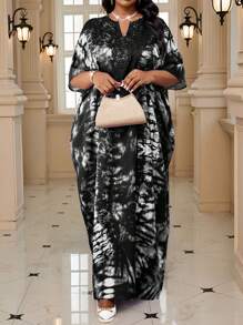 Fleurora Vestido elegante morado tejido con cuello de encaje y detalle de solapa para primavera, verano, otoño e invierno, vestido de vacaciones de talla grande - Blanco y Negro - Ver 4