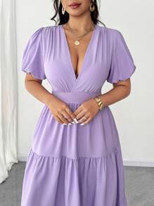 SHEIN Unity Plus Size Solid Color V-Neck Ruffle Puff Sleeve Patchwork Elegant Dress - Purple - View 3
