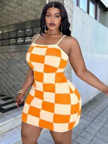 Slaydiva Abito casual a maglia aderente con fantasia a quadri e bretelle, taglie forti