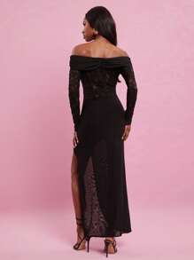 NYA SZN 露肩蕾丝高开叉长裙性感鸡尾酒会优雅复古夏季婚礼宾客特殊场合新娘晚宴舞会服装女士 - 黑色 - 查看 2