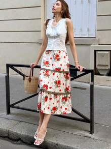 Chiquease Elegant Elastic Waist Floral Lace Patchwork A-Line Skirt - Apricot - View 1