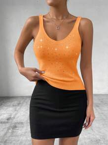 EMERY ROSE Women's White Rhinestone Rib Knit Camisole Top - Orange - View 7