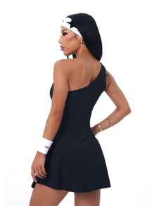 Dewbera 1pc Plain Color Hollow Asymmetric Neckline Sleeveless Sports Dress