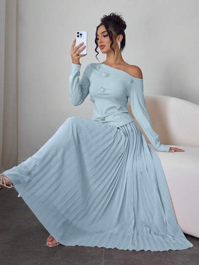 Modelyn 2件套女士套装：斜肩串珠花朵衬衫和褶皱雪纺裙，春夏