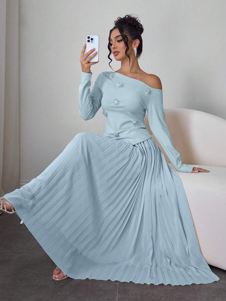 Modelyn 2件套女士套装:斜肩串珠花朵衬衫和褶皱雪纺裙,春夏 - 淺藍色 - 查看 1