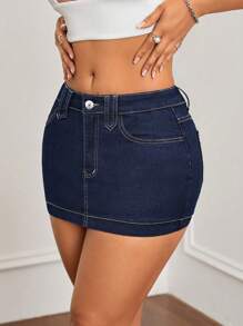 SHEIN ICON 女款水洗牛仔迷你裙，带可见缝线设计 - 深色水洗藍 - 查看 5